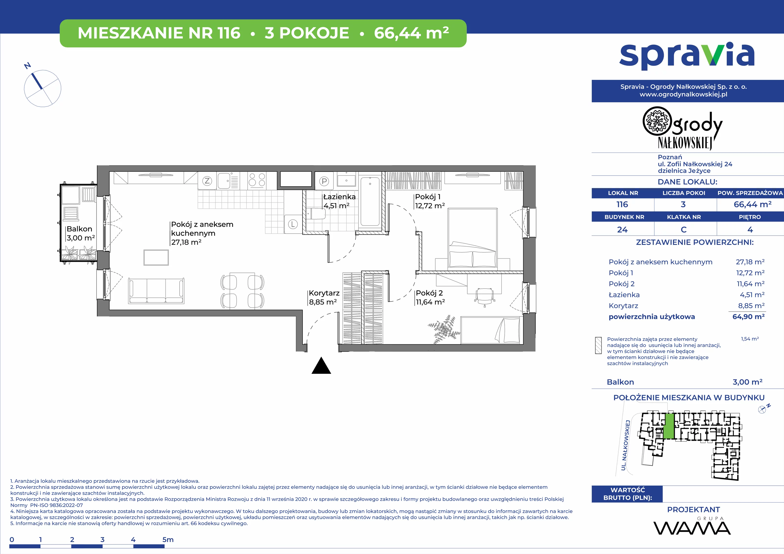 3 pokoje, mieszkanie 66,44 m², piętro 4, oferta nr 24-116, Ogrody Nałkowskiej, Poznań, Ogrody, ul. Nałkowskiej 24, 26